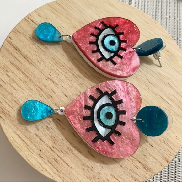 SOLD OUT Evil Eye Love Heart Statement Earrings Acrylic & Stainless Steel Punk - Picture 3 of 7